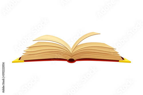 Open Old Book in Hard Cover with Yellowish Pages Vector Illustration
