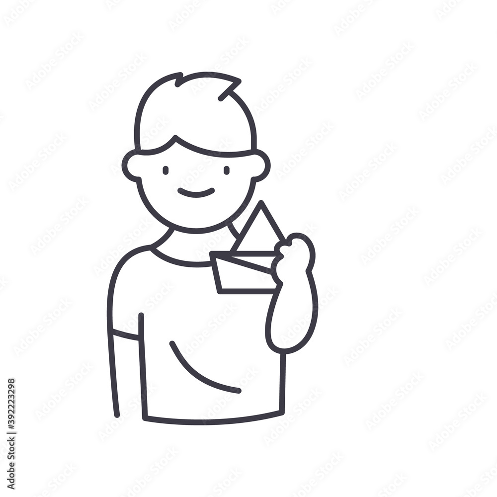 Boy with paper boat icon, linear isolated illustration, thin line vector, web design sign, outline concept symbol with editable stroke on white background. Boy with paper boat icon, linear isolated illustration, thin line vector, web design sign, outline concept symbol with editable stroke on white background.