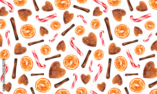 Seamless Christmas holiday pattern hand drawn in watercolor. Gingerbread cookies, cinnamon stick, candy cane and dried orange sweet texture. For seasonal gift wrapping, cards, textile print, bakery