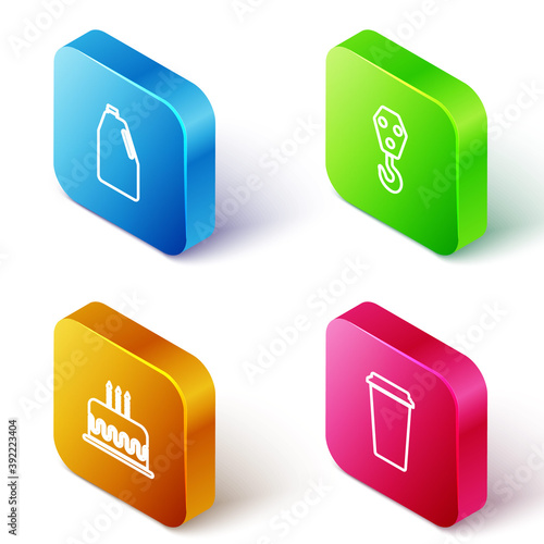 Set Isometric line Household chemicals bottle, Industrial hook, Cake with burning candles and Coffee cup icon. Vector.