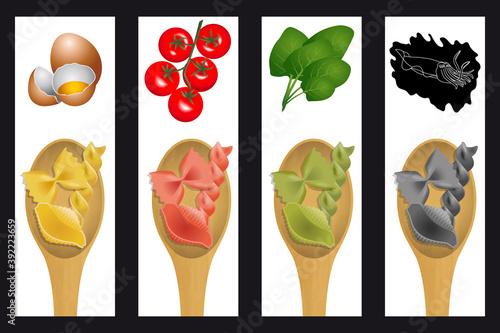 Série d’images sur le thème des pâtes italienne coloré - jaune : aux œufs - rouge : à la tomate - verte : aux épinard - noire : encre de seiche.