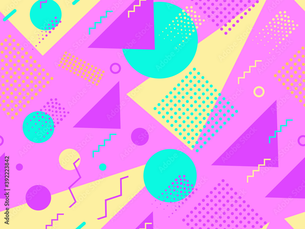 Seamless pattern with geometric shapes in the style of the 80s. Multicolored vintage background with triangles, circles and squares for brochures, banners and wrapping paper. Vector illustration Seamless pattern with geometric shapes in the style of the 80s. Multicolored vintage background with triangles, circles and squares for brochures, banners and wrapping paper. Vector illustration