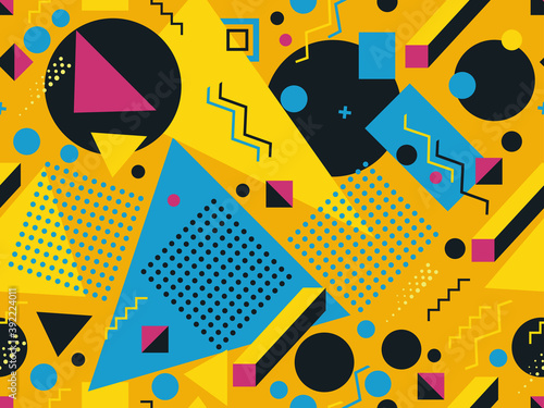 Seamless pattern with geometric shapes in the style of the 80s. Multicolored vintage background with triangles, circles and squares for brochures, banners and wrapping paper. Vector illustration