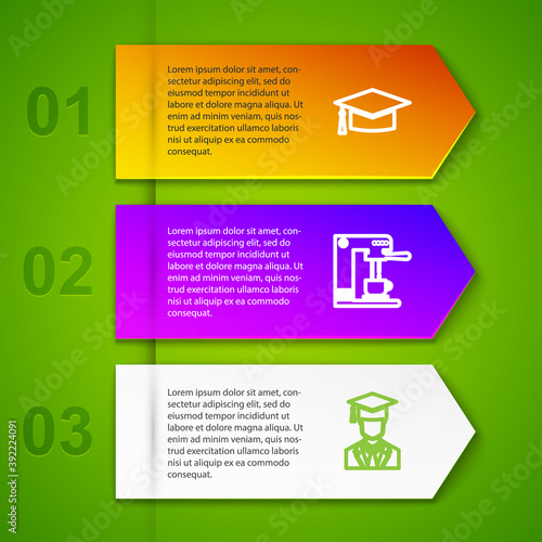 Set line Graduation cap, Coffee machine and cup, Graduate with graduation and Laptop dollar. Business infographic template. Vector.