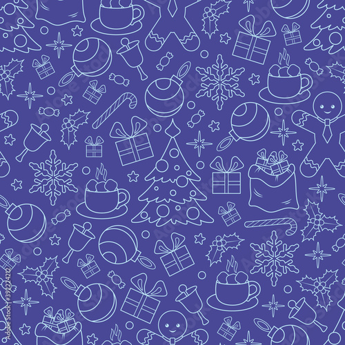 Christmas Seamless Pattern on Blue Background With Symbols of Happy New Year Celebration. 