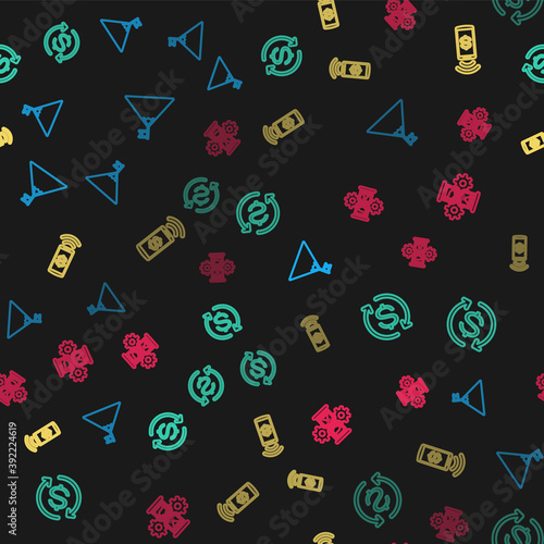 Set line Mountains and flag, Return of investment, Contactless payment and Hourglass gear on seamless pattern. Vector.