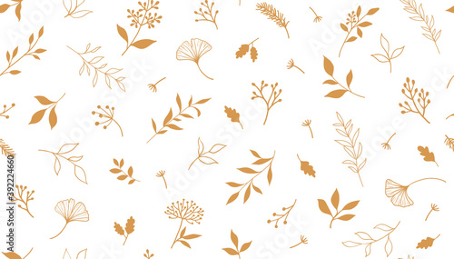 Elegant seamless pattern with plants and herbs. Hand drawn vector illustration.