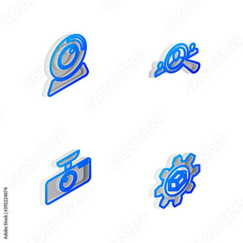 Set Isometric line Magnifying glass for search people, Web camera, Car DVR and Product development icon. Vector.