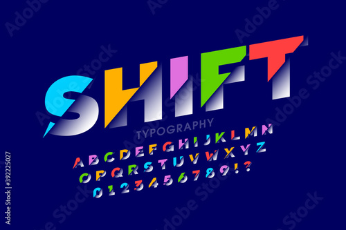 Shifted font modern colorful font design, alphabet letters and numbers vector illustration