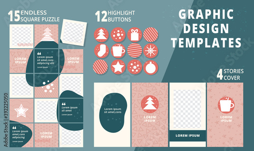Set of social media puzzle template christmas design, highlight buttons, stories cover. Endless square winter, advent puzzle. Ig editable collage post frame. Abstract backgrounds vector illustration
