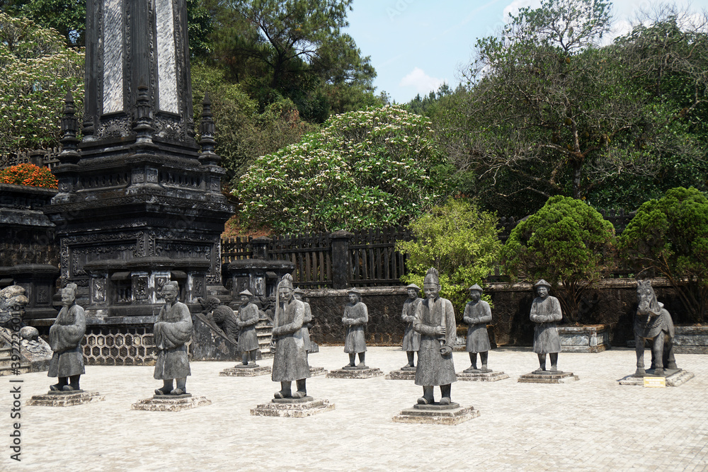 Obraz premium Ancient Royal Tomb of Khai Dinh King - black architecture is located in Chau Chu mountain Best Famous Landmark of the city of Hue Vietnam 