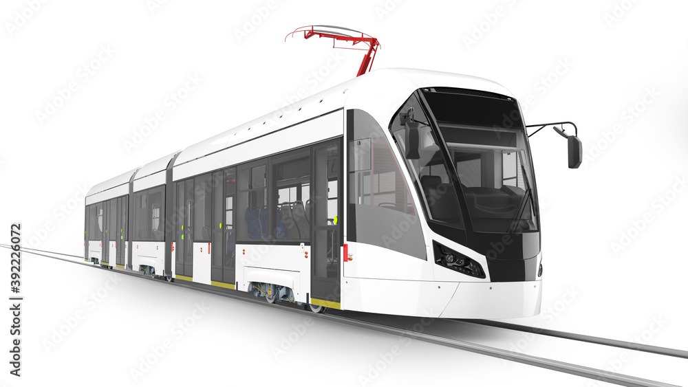 City tram 3D rendering isolated on white background. - obrazy, fototapety, plakaty 