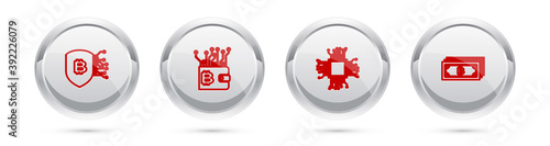 Set line Shield with bitcoin, Cryptocurrency wallet, Processor and . Silver circle button. Vector.