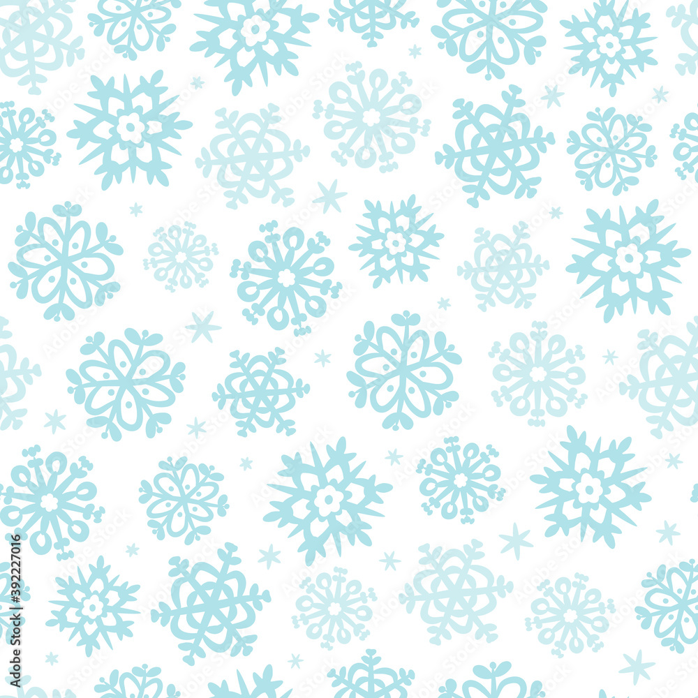 Vector seamless pattern of baby blue snowflakes isolated on white background. Winter season theme. Pastel blue background. Good for wrapping paper and winter cards.