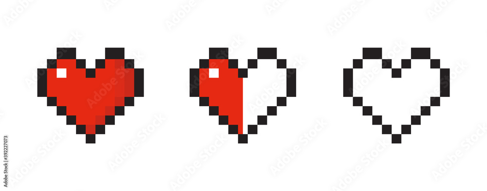 Pixel art set of red hearts of life. Vector illustration isolated on white background. Pixel art set of red hearts of life. Vector illustration isolated on white background.
