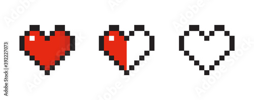 Pixel art set of red hearts of life. Vector illustration isolated on white background.