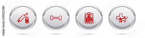Set line Syringe with pet vaccine, Dog bone, Clinical record and Veterinary clinic. Silver circle button. Vector.