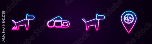 Set line Dog pooping, Cat and pills, and Location veterinary. Glowing neon icon. Vector.