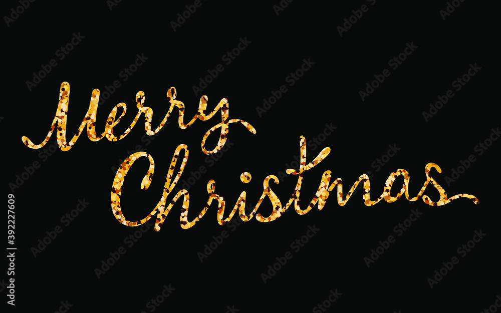 Vector Merry Christmas text. Golden glitter textured inscription on black background.