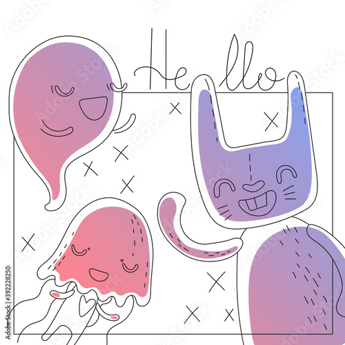 A very strange friendship. Line art. Ghost, jellyfish and rabbit send 