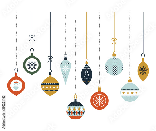 Hanging Christmas glass balls. Christmas decoration. Vector icons in a flat style. Set of graphic elements. Merry Christmas greeting card with modern baubles.