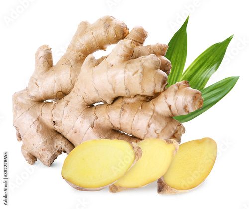 Aromatic fresh ginger with green leaves on white background