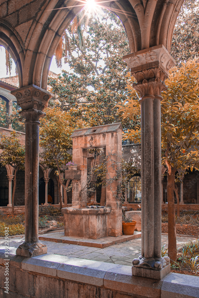 Naklejka premium Monastery Cloister in Santa Anna Church in Barcelona, Spain. 