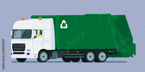 Garbage truck with driver in medical mask isolated. Vector flat style illustration.