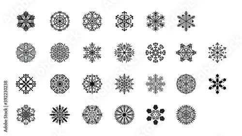 Set Black Colleciton Line Snowflake Doodle Winter Decoration Elements Vector Design Style