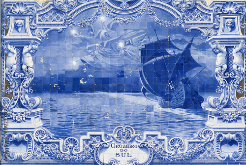 panel of azulejos, tiles on the Carlos Lopes Pavilion located in Parque Eduardo VII in Lisbon, Portugal