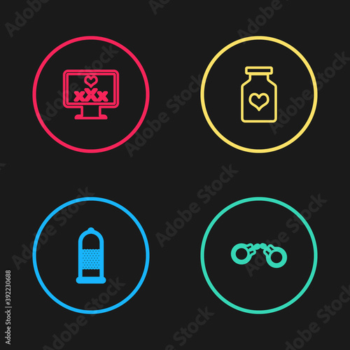 Set line Condom safe sex, Handcuffs, Bottle with pills for potency and Monitor 18 plus content icon. Vector.