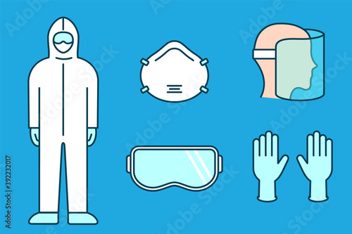 Protective suit, mask, gloves, goggles, face shield. Coronavirus prevention equipment set. Outlined on blue background. PPE personal protection. COVID-19 safety measures. Vector, flat, clip art.