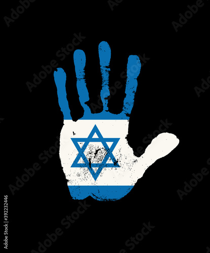 Human handprint in the colors of the Israeli flag with the star of David. Creative vector design element isolated on a black background. Abstract flag of Israel in the form of a palm print