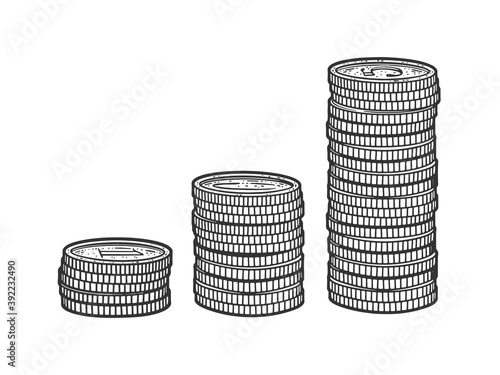 stacks of coins sketch engraving vector illustration. T-shirt apparel print design. Scratch board imitation. Black and white hand drawn image.