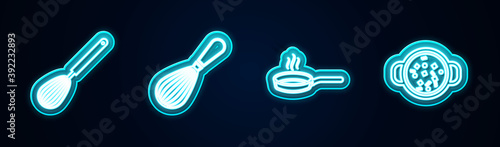 Set line Kitchen whisk, , Frying pan and Cooking soup pot. Glowing neon icon. Vector.