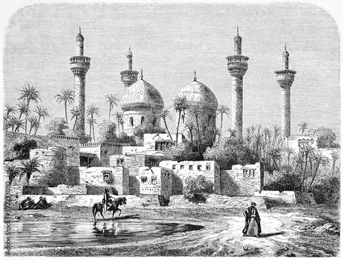 Al-Kadhimiya mosque overall view in Baghdad, Iraq, on natural arabian landscape. Ancient grey tone etching style art by Flandin and Maurand published on Le Tour du Monde, Paris, 1861 photo