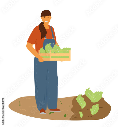 Woman Farmer In Overalls Holds Box With Salad. Vector Illustration.