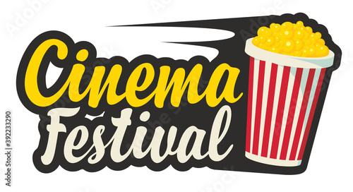 Cinema festival logo with a full popcorn bucket and calligraphic inscription. Vector illustration or icon, suitable for flyer, invitation, banner, poster, web page, label, design elements