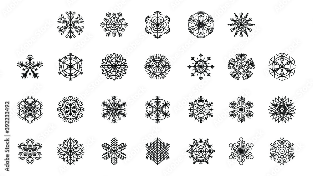 Set Black Colleciton Line Snowflake Doodle Winter Decoration Elements Vector Design Style
