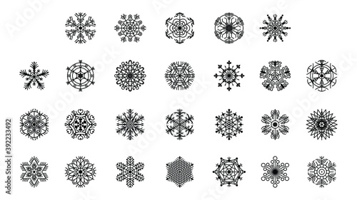 Set Black Colleciton Line Snowflake Doodle Winter Decoration Elements Vector Design Style