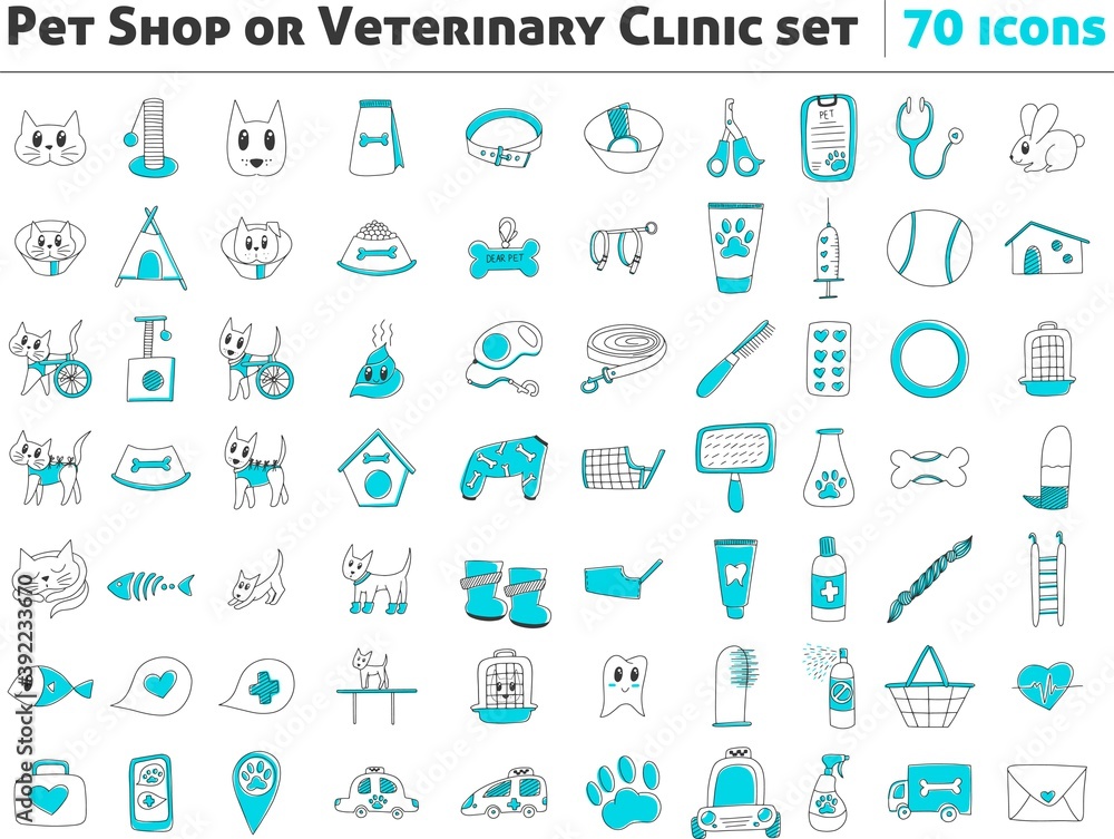 Naklejka premium Big vector icon set, for veterinaryan clinics or pet shop websites. Hand drawn style. Dog, cat and different vet symbols, isolated on white background