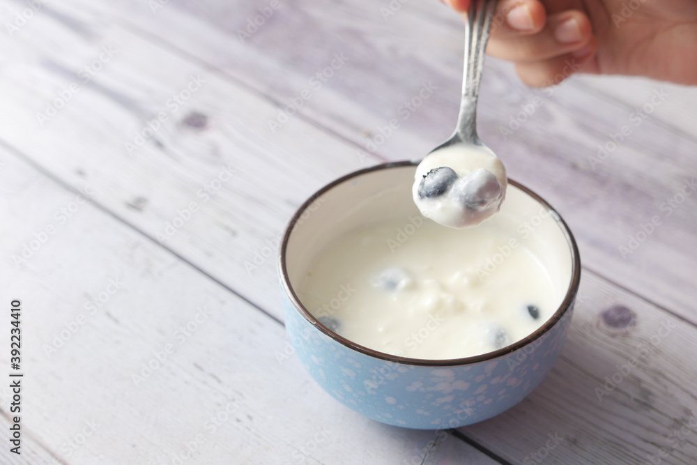 close up of fresh yogurt with blue berry in a bowl close up of fresh yogurt with blue berry in a bowl