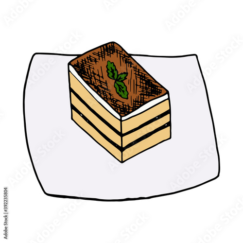 Tiramisu italian traditional food. Hand drawn sketch style. Vector colorful illustration isolated on white background for restaurant menu and package design, poster, web.
