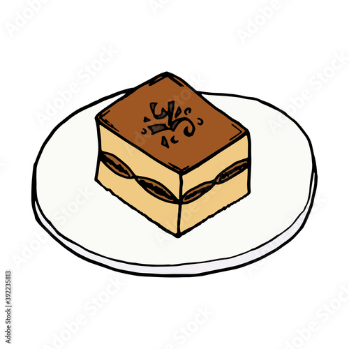 Tiramisu italian traditional food. Hand drawn sketch style. Vector colorful illustration isolated on white background for restaurant menu and package design, poster, web.