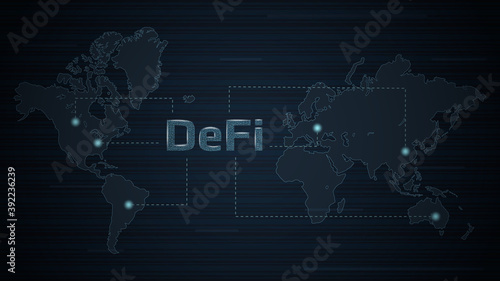 DeFi decentralized finance on world map with dots. An ecosystem of financial applications and services based on public blockchains. Vector illustration.