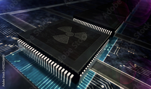 Processor factory with burning cyber attack with nuclear symbol 3d illustration