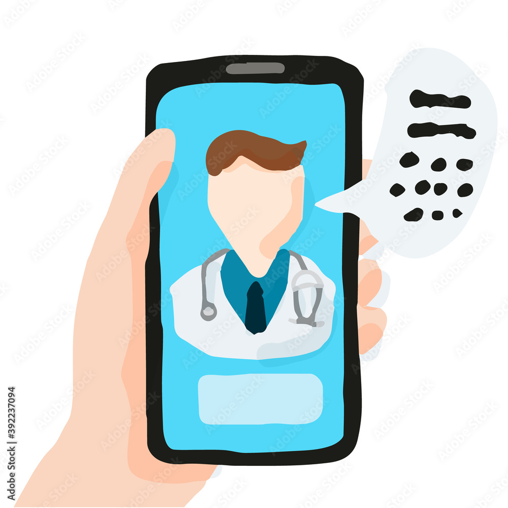Online consultation with male doctor via smartphone, Hand holding phone; Hand drawn vector illustration like woodblock print