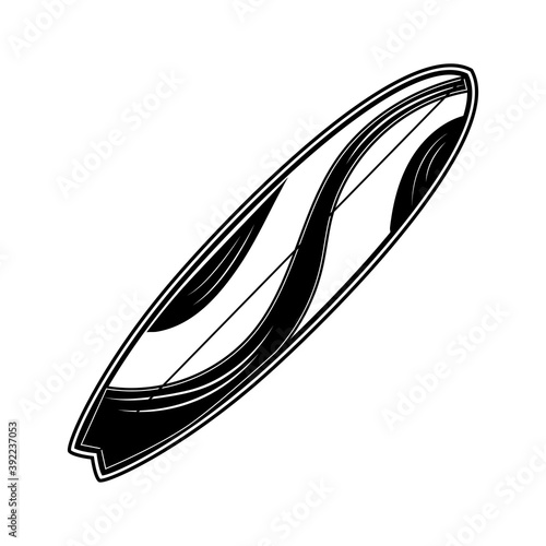 Vintage board for surfing vector illustration. Monochrome surfboard with flowing decoration. Hawaii and tropical adventure concept can be used for retro template, banner or poster