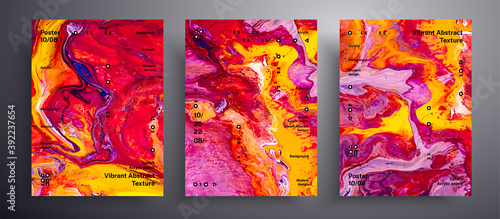 Abstract liquid banner, fluid art vector texture set. Artistic background that applicable for design cover, invitation, presentation and etc. Pink, yellow and red unusual creative surface template