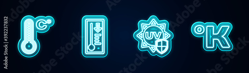 Set line Meteorology thermometer, , UV protection and Kelvin. Glowing neon icon. Vector.